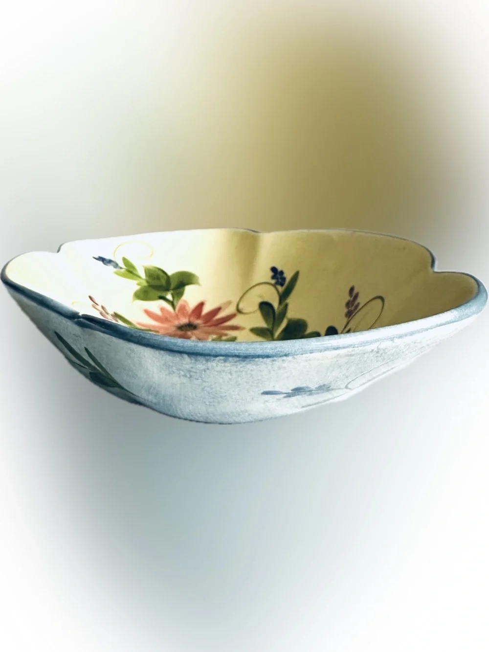 Laurie Gates Hand-Painted Floral Ceramic Dish in Cream with Pink & Blue Flowers